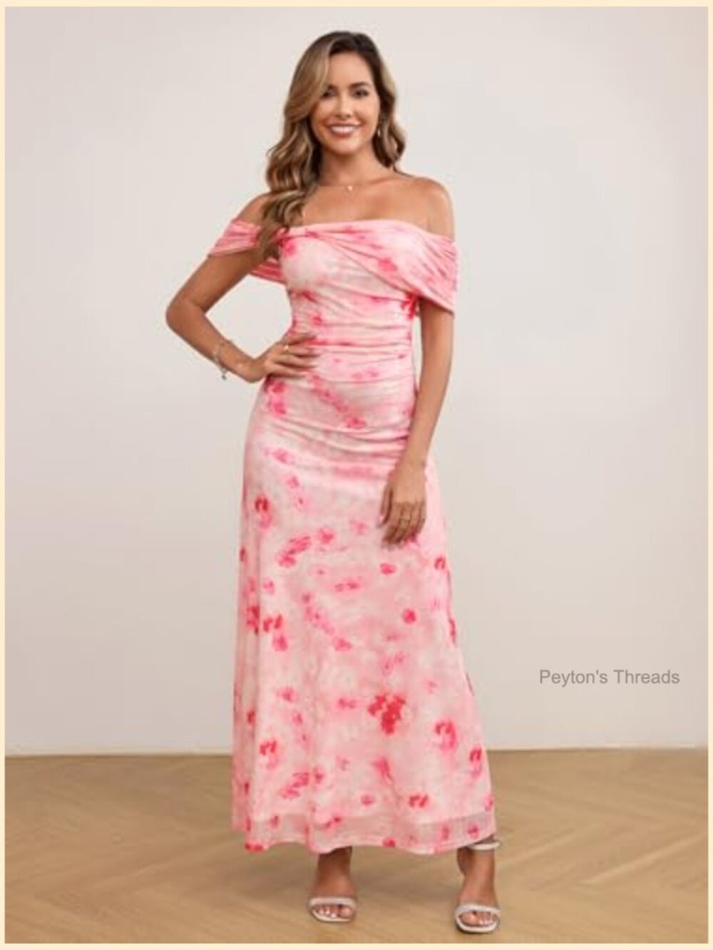 Off Shoulder Floral Bodycon Maxi Dress Ruched Long Formal Wedding - Picture 2 of 7